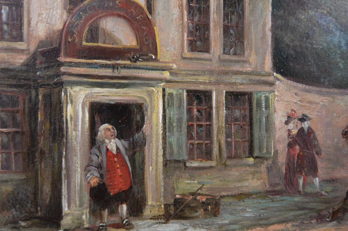 Coaching scene oil painting outside a Bath inn by John Charles Maggs