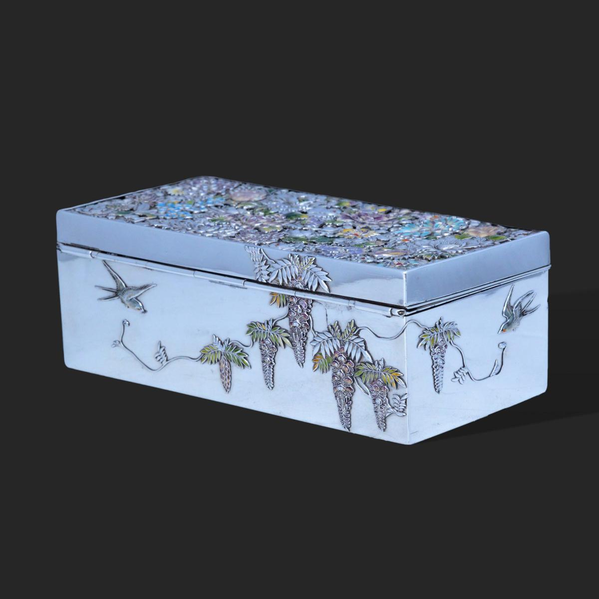 silver and enamel Japanese Meiji box by Sanju Saku
