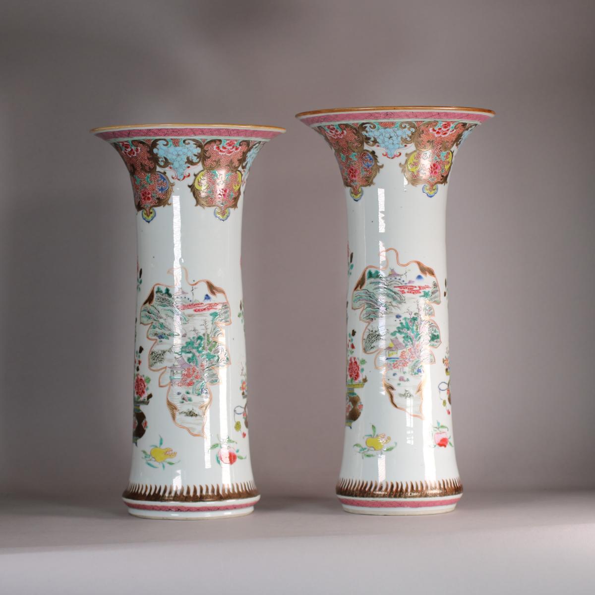 Chinese famille rose sleeve vases, front view of vases