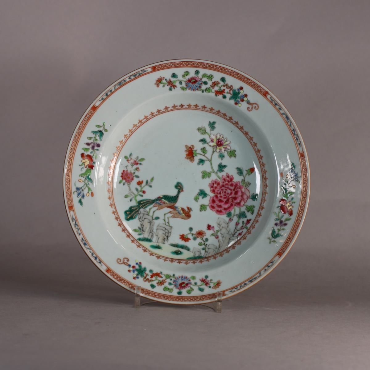 Chinese famille rose double peacock soup plate, front of peacock plate