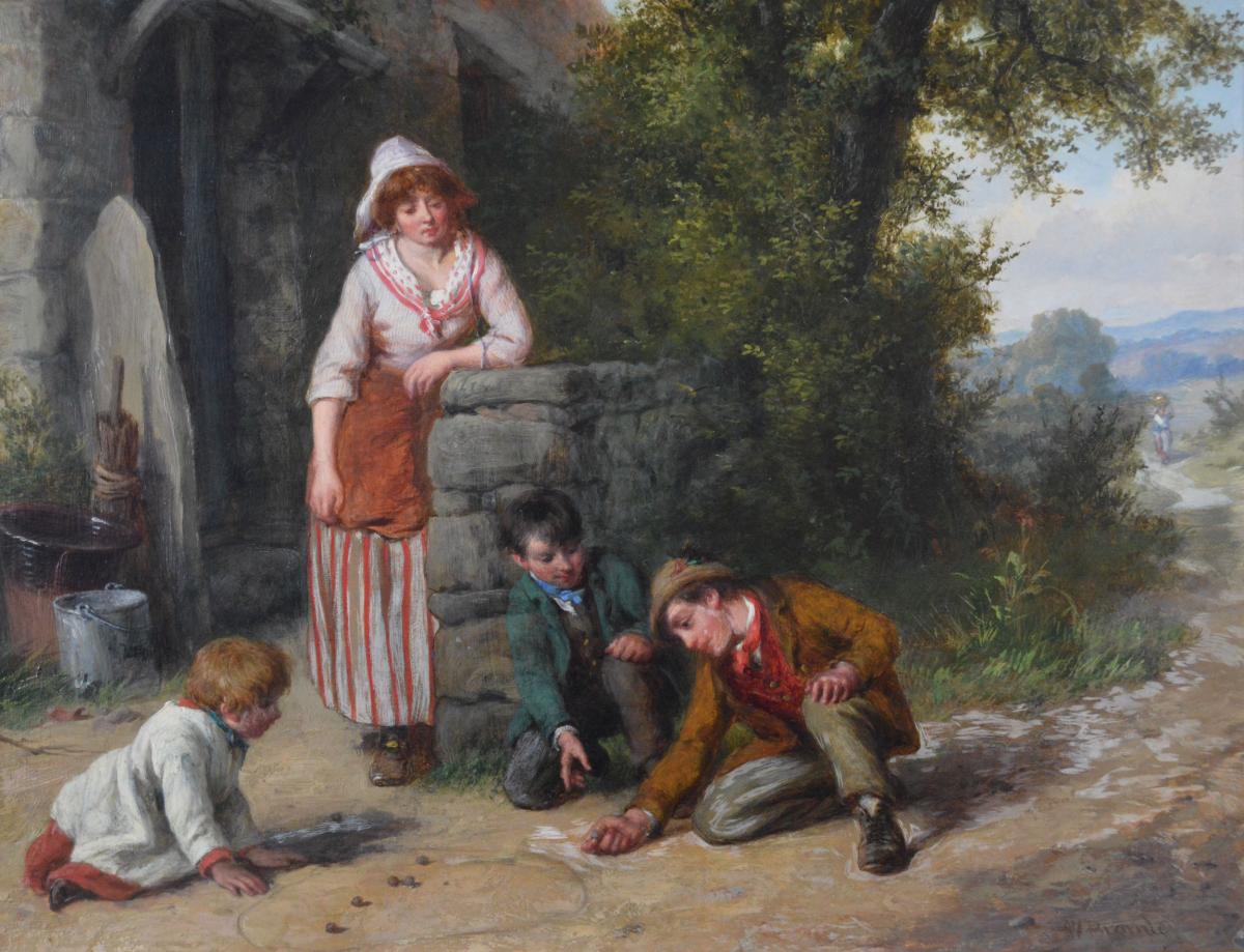 Genre oil painting of a family playing marbles by William Bromley