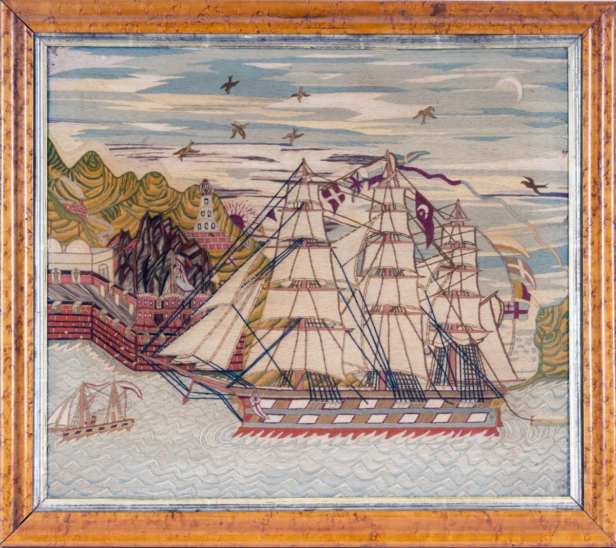 British Sailor's Woolwork Picture of a Royal Navy Ship Entering a Port During the Crimea War.