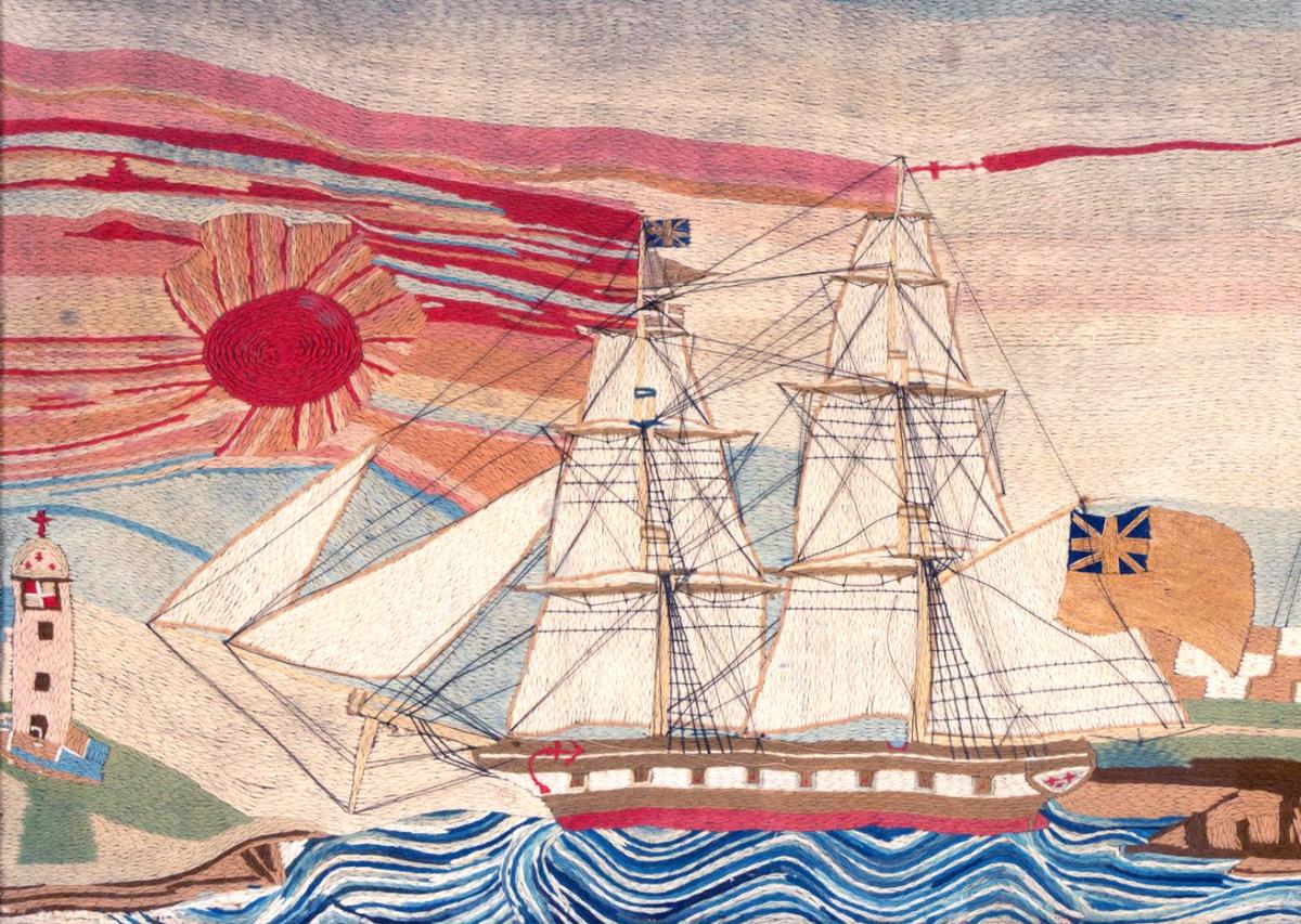 British Sailor's Woolwork Picture of a Royal Navy Ship Passing Land with The Sun Setting in The Background
