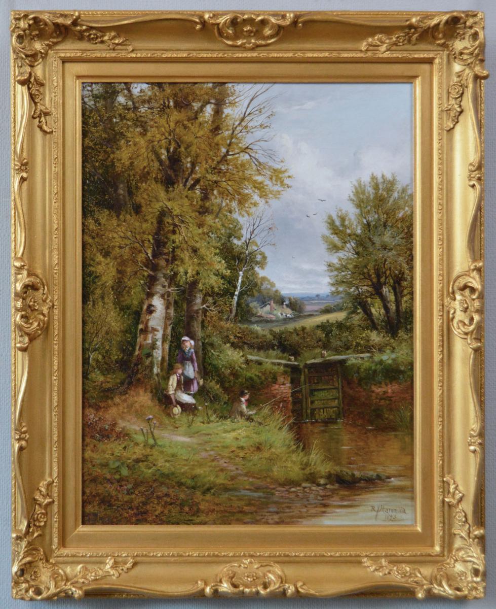 Landscape oil painting of figures fishing at a river lock by Robert John Hammond