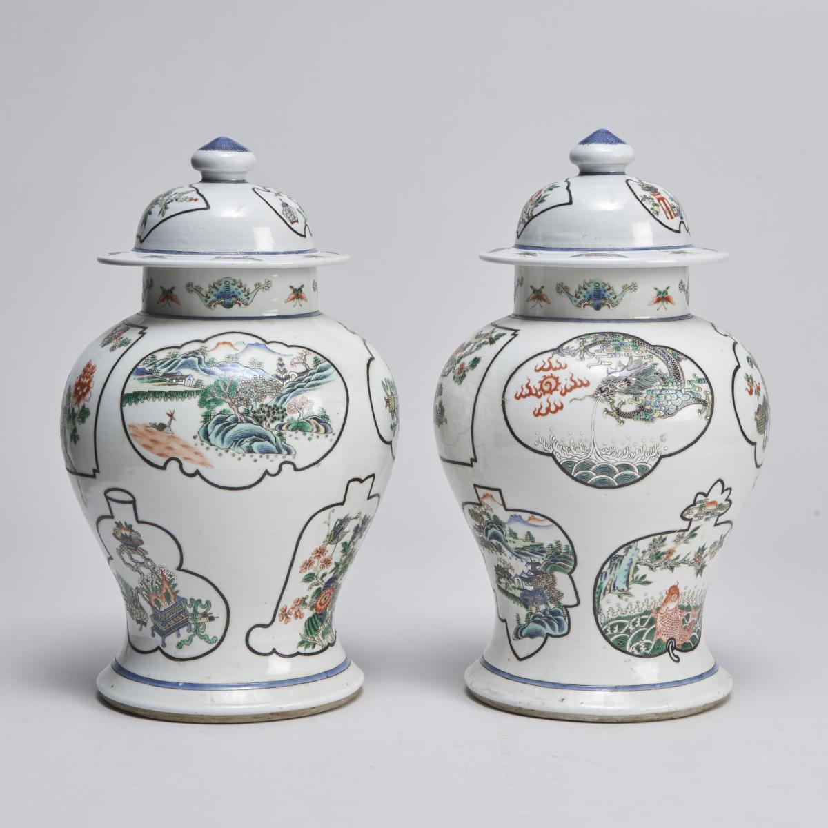 19th Century Chinese white ground famille verte jars