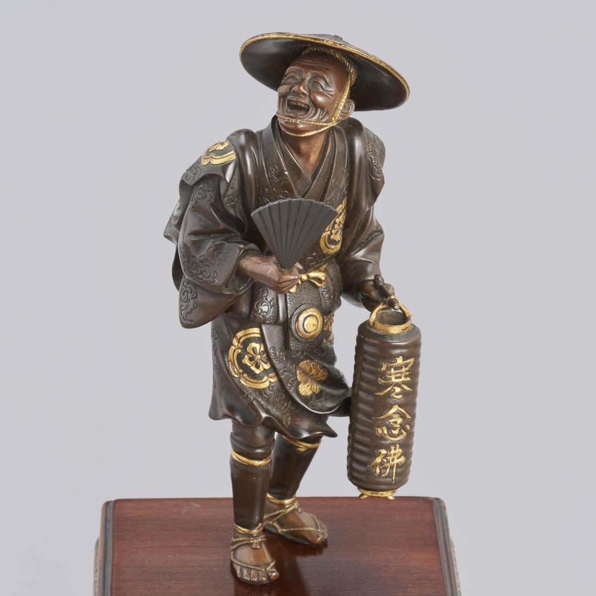 Japanese bronze night watchman signed Miyao, Meiji Period