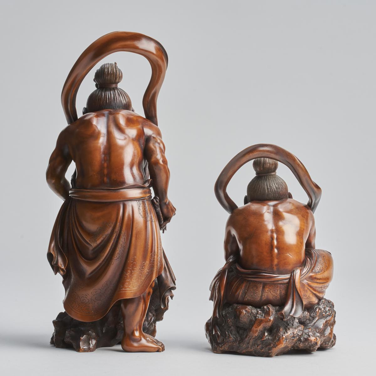 A fascinating, Japanese wood-carved Okimono pair of Temple Guardians (Nio)