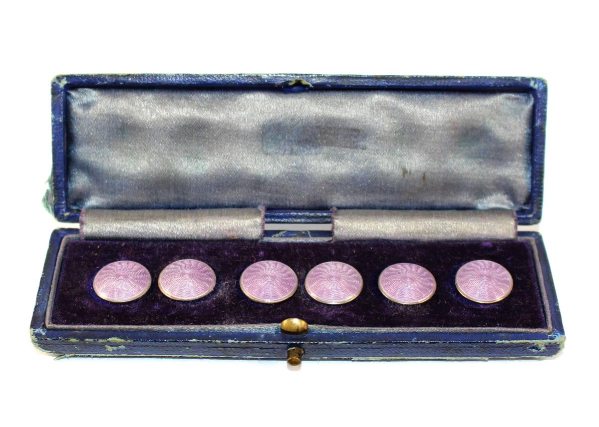 Edwardian Lilac Guilloche Enamel Buttons circa 1910