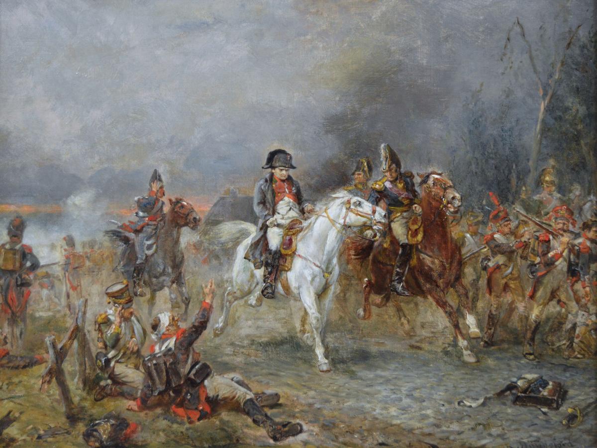 Historical genre oil painting of Napoleon’s retreat at Waterloo by Robert Alexander Hillingford