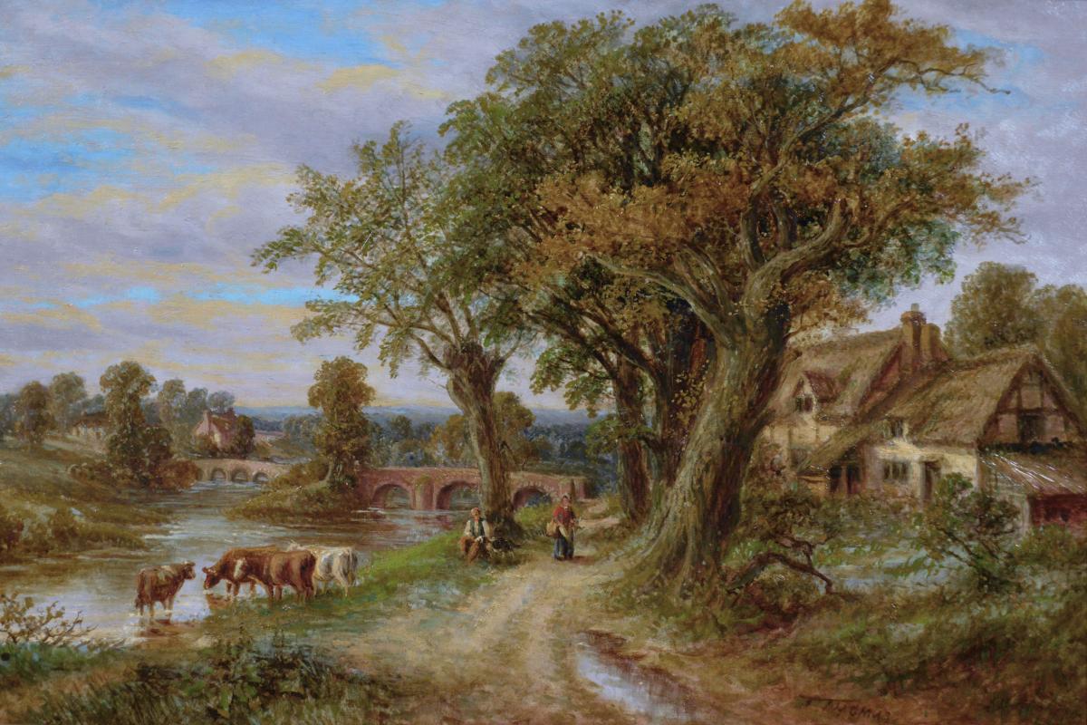 Landscape oil painting of figures with cattle near a country river by Thomas Thomas
