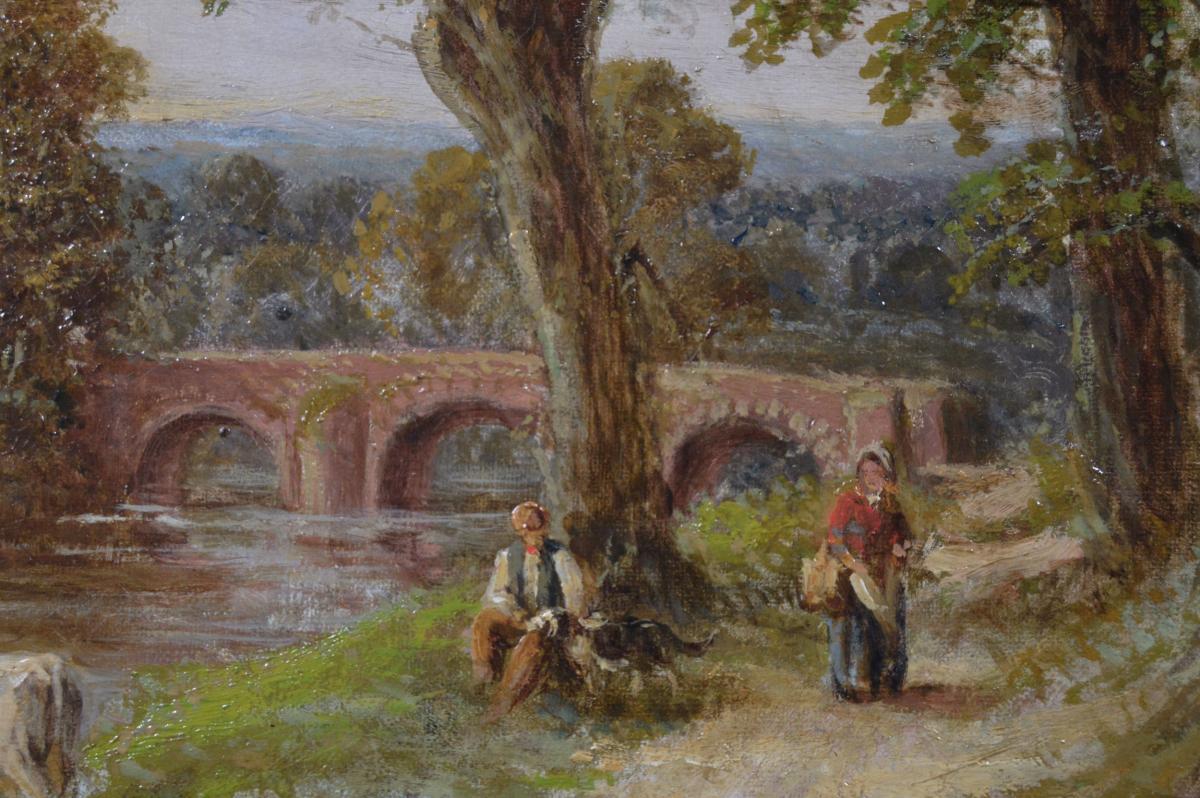 Landscape oil painting of figures with cattle near a country river by Thomas Thomas