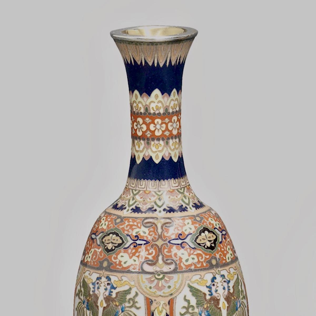Japanese pair of cloisonné enamel vases signed Kuhn and Komor, Meiji Period