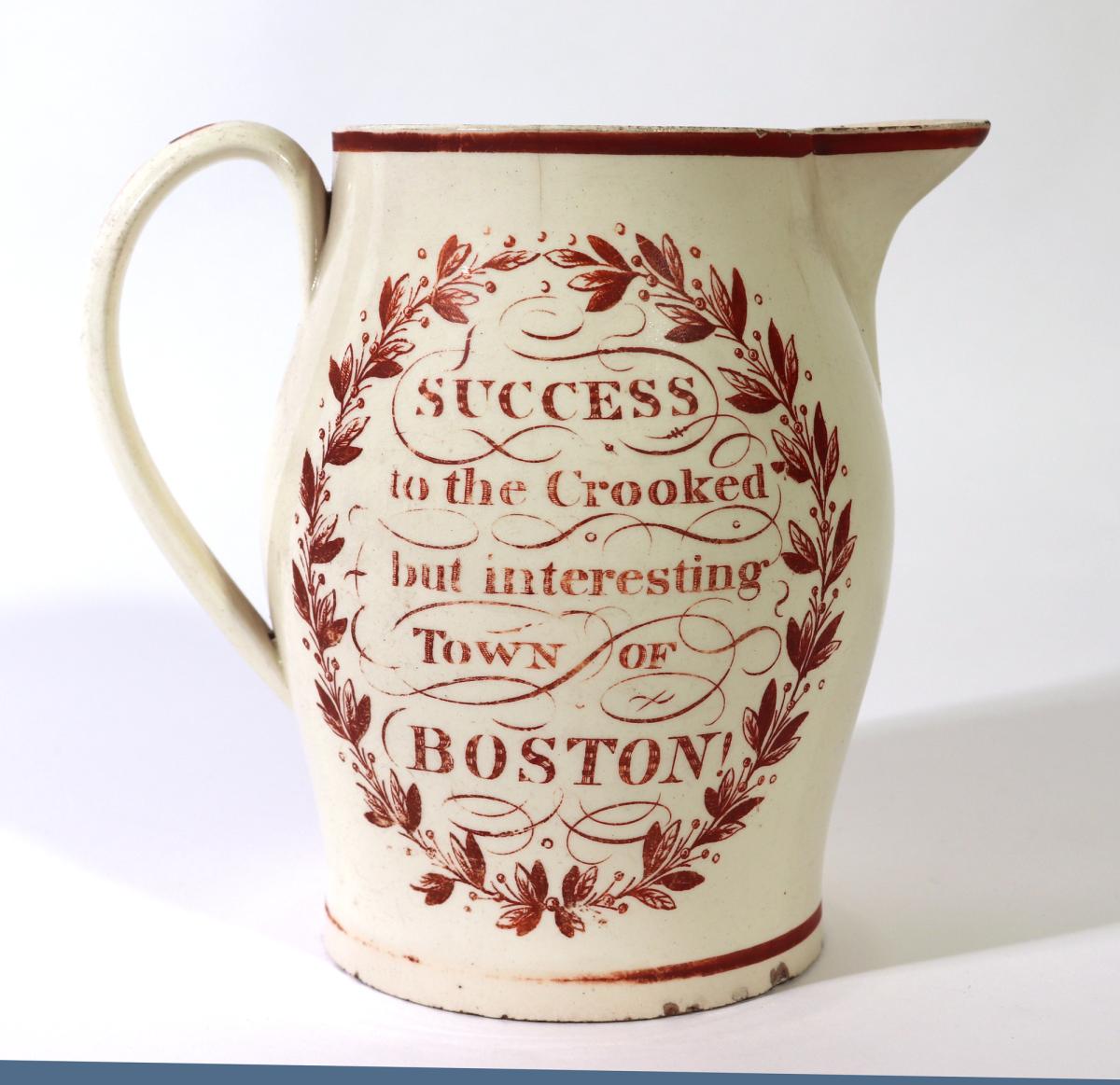 English Creamware Jug with "Success to the Crooked but interesting Town of Boston" Inscription, Reference to Boston, MA, Probably Liverpool, 1800