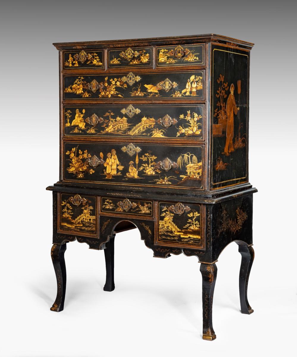 Queen Anne period black lacquer chest on stand