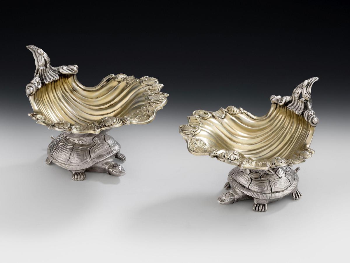 An important pair of George IV Cast Shell Dishes, with unusual Turtle bases, made in London in 1822 by Joseph Cradock & William Ker Reid