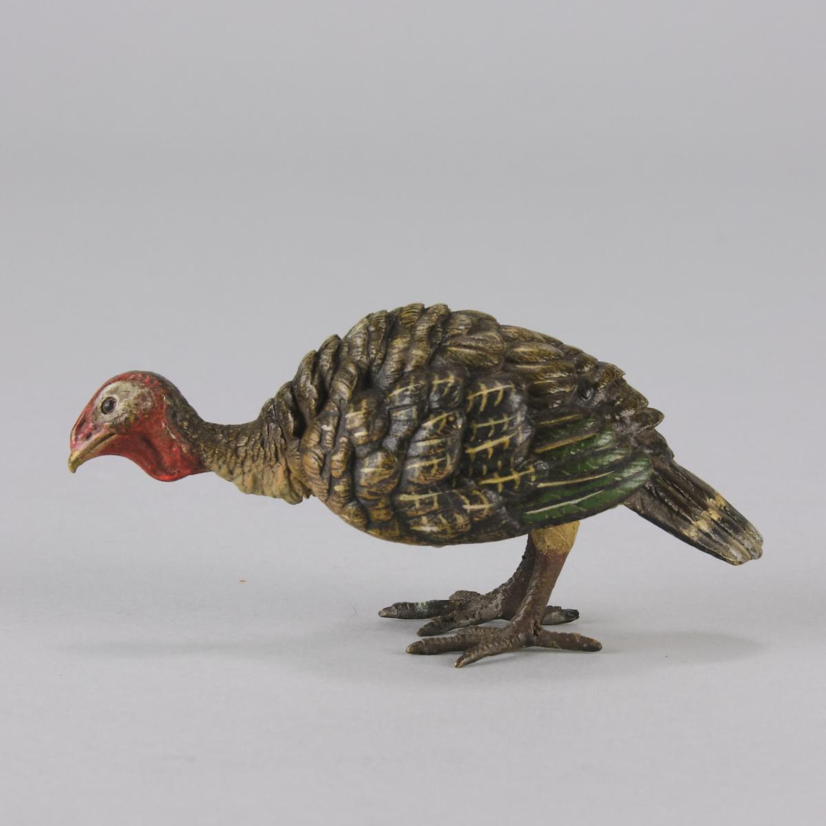 Early 20th Century cold-painted Austrian bronze entitled "Feeding Turkey" by Franz Bergman