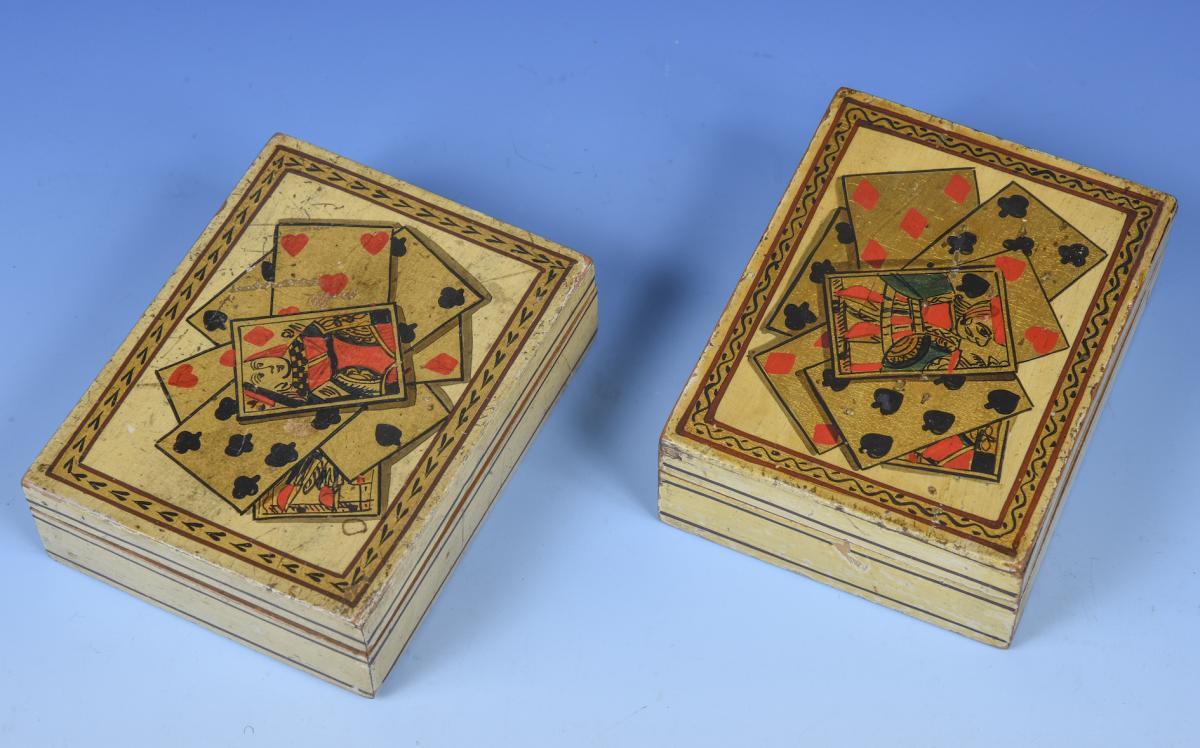 Pair painted Tunbridge Ware Playing Card Boxes