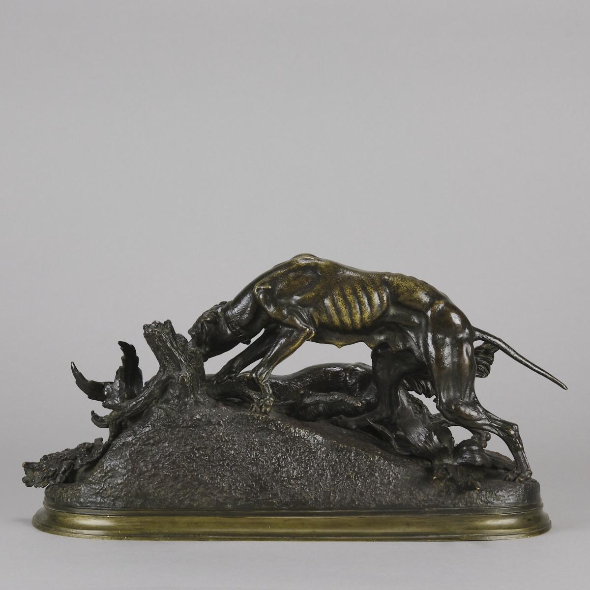 French animalier bronze entitled "Chasse au Lapin" by Jules Moigniez - 1870