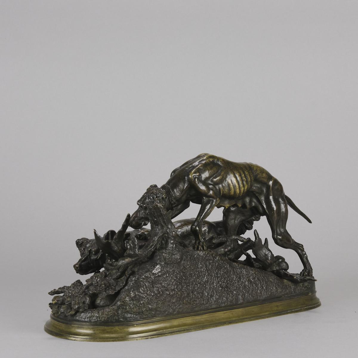 French animalier bronze entitled "Chasse au Lapin" by Jules Moigniez - 1870