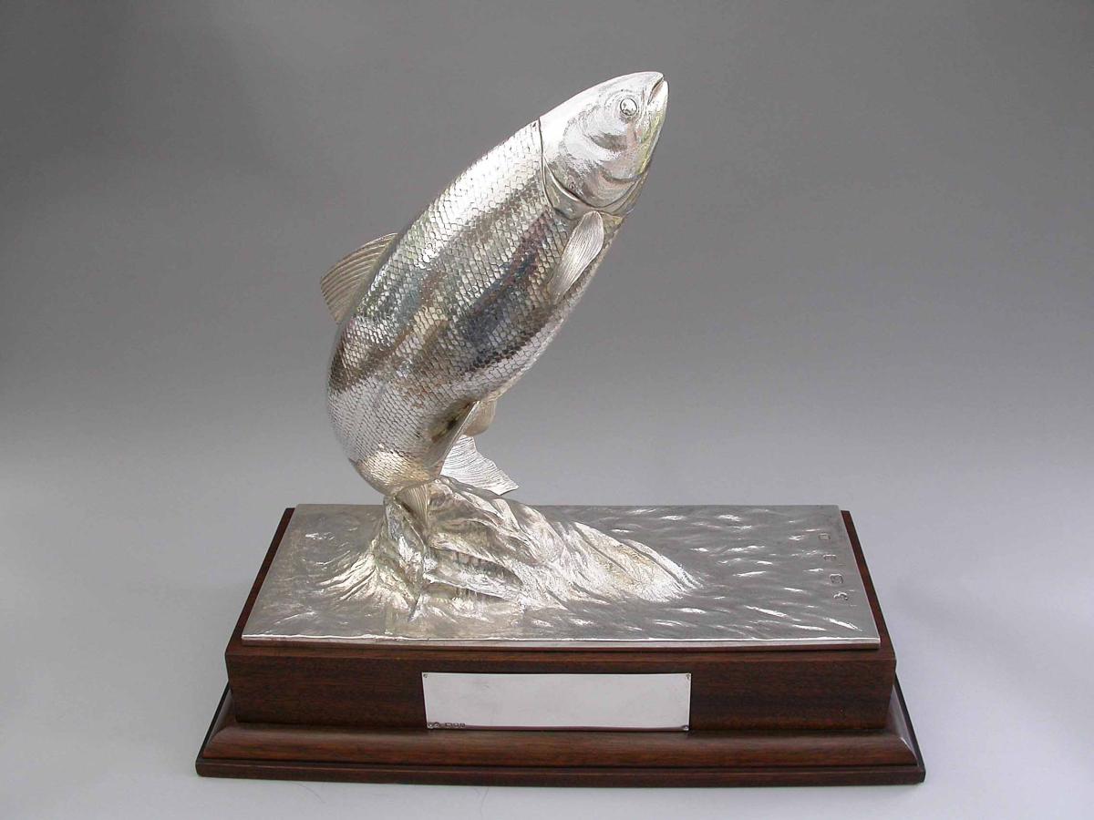 Superb Modern Silver Sculpture of a Leaping Salmon. By Wakely & Wheeler, London, 1986. 