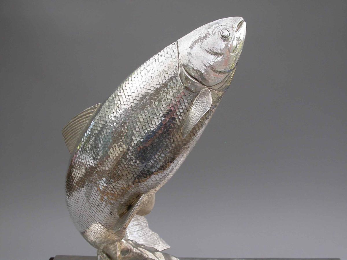 Superb Modern Silver Sculpture of a Leaping Salmon. By Wakely & Wheeler, London, 1986. 