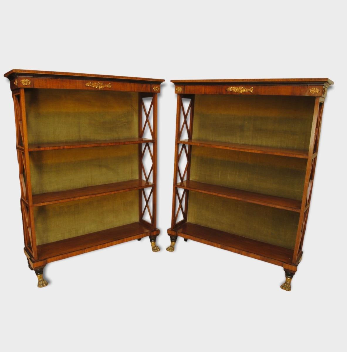 regency mahogany and boxwood open bookcases