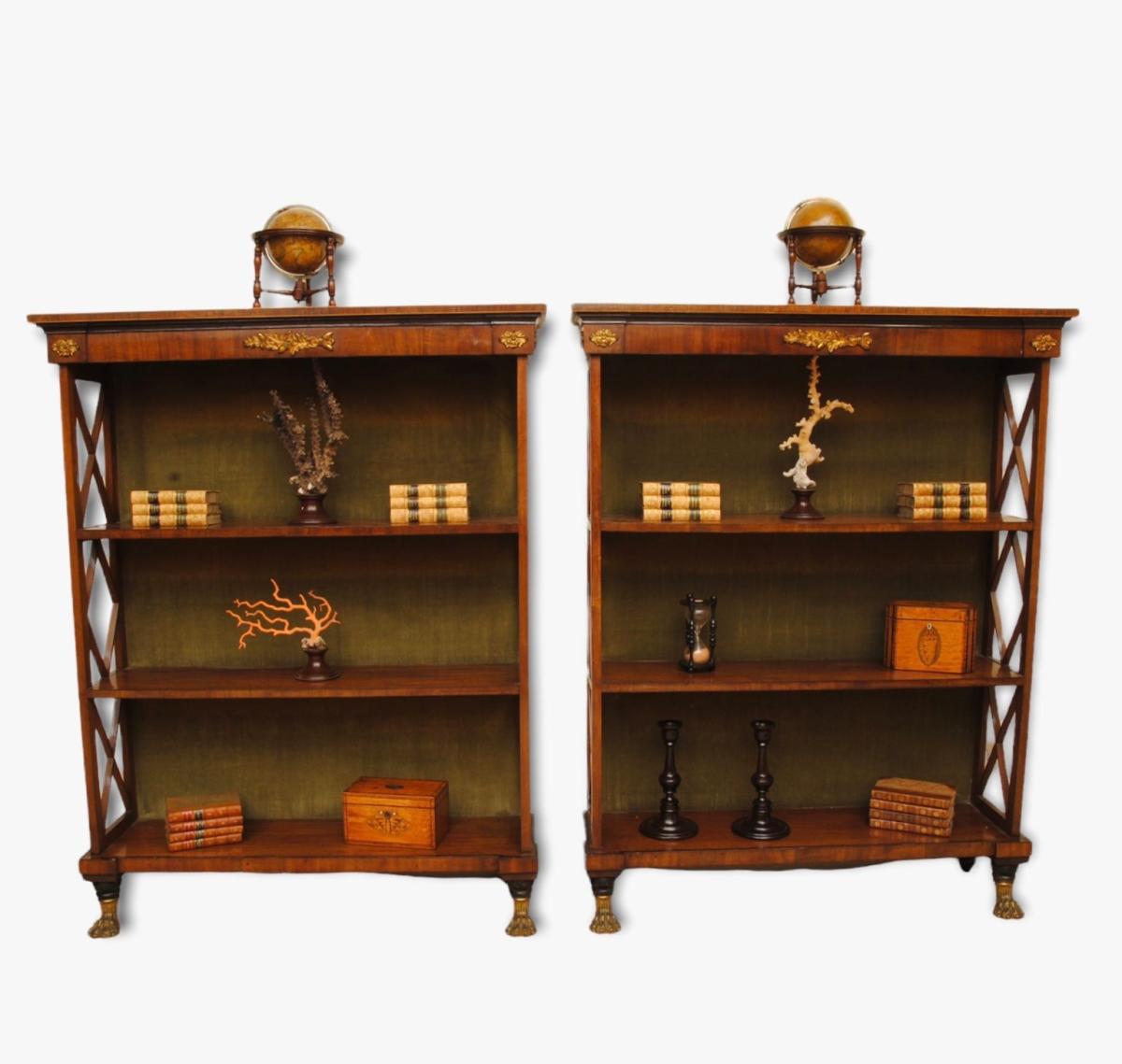 regency mahogany and boxwood open bookcases