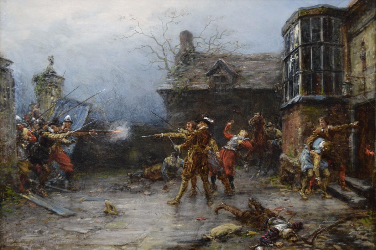Historical genre oil painting of the gunpowder plot conspirators by Ernest Crofts