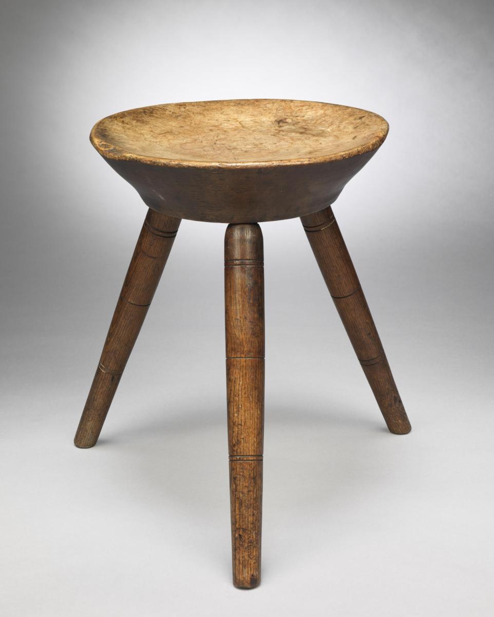 Good Traditional Vernacular Dairy Stool With Lovely Thick Turned Dished Top Solid Honey Coloured Sycamore and Ash English or Welsh, c,1830