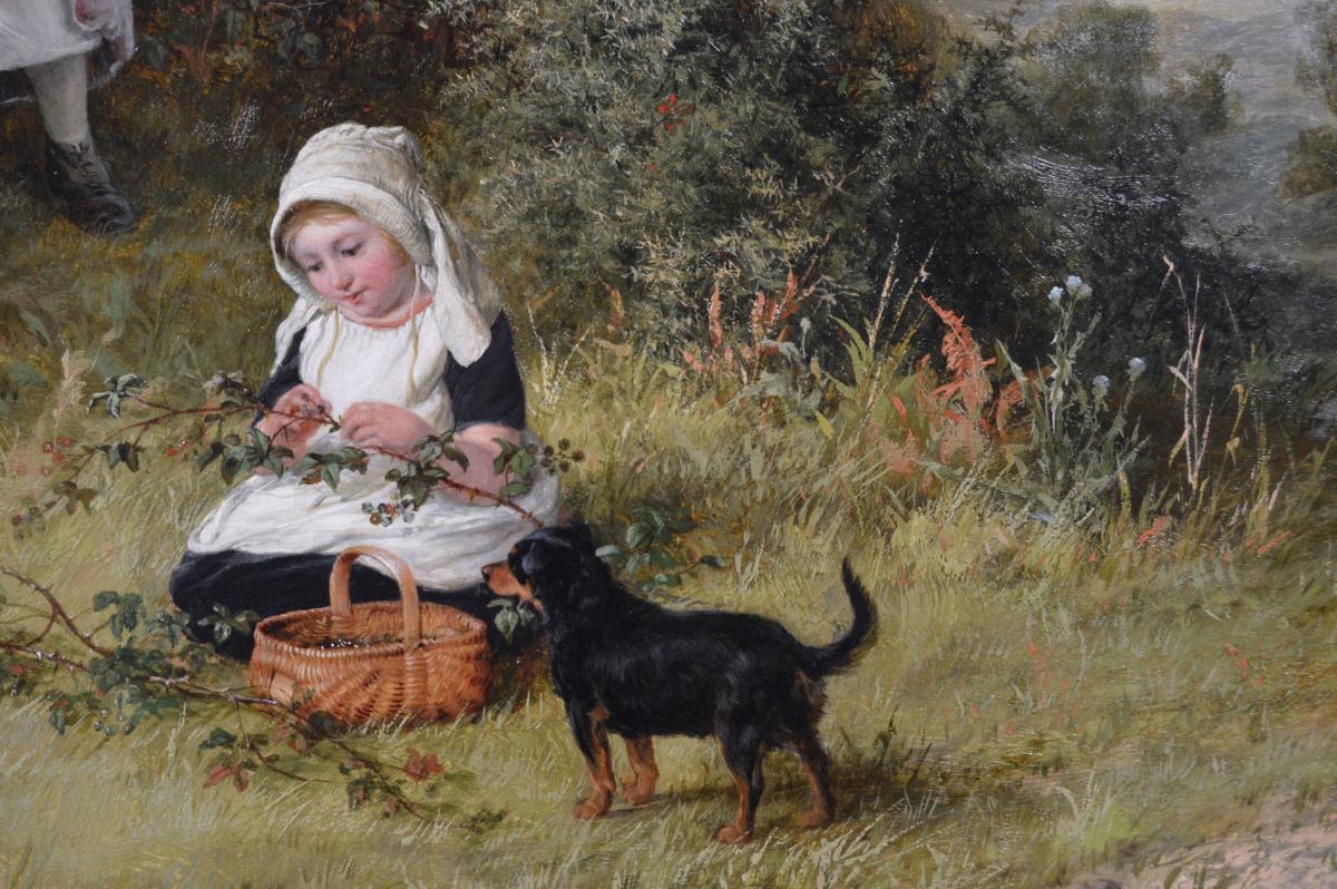 Genre oil painting of children gathering berries by William Bromley