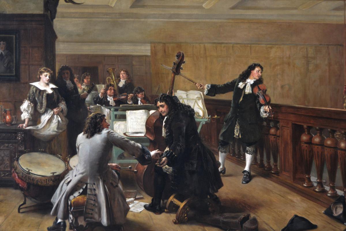 Large-scale Royal Academy historical genre oil painting of musicians at a stately home by Robert Alexander Hillingford