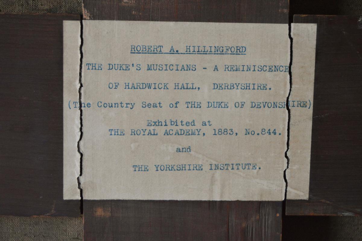 Large-scale Royal Academy historical genre oil painting of musicians at a stately home by Robert Alexander Hillingford