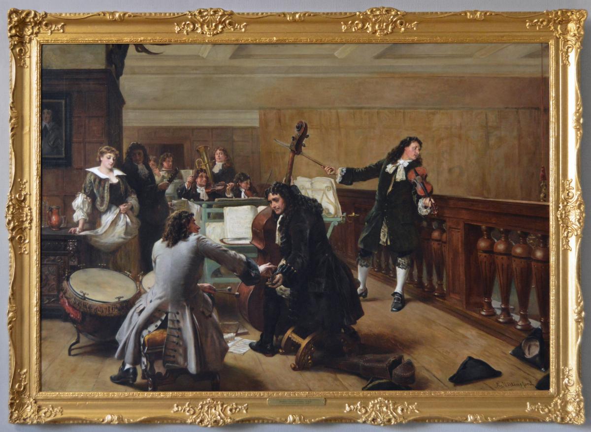 Large-scale Royal Academy historical genre oil painting of musicians at a stately home by Robert Alexander Hillingford