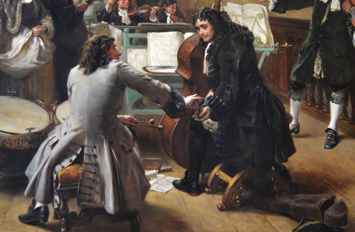 Large-scale Royal Academy historical genre oil painting of musicians at a stately home by Robert Alexander Hillingford