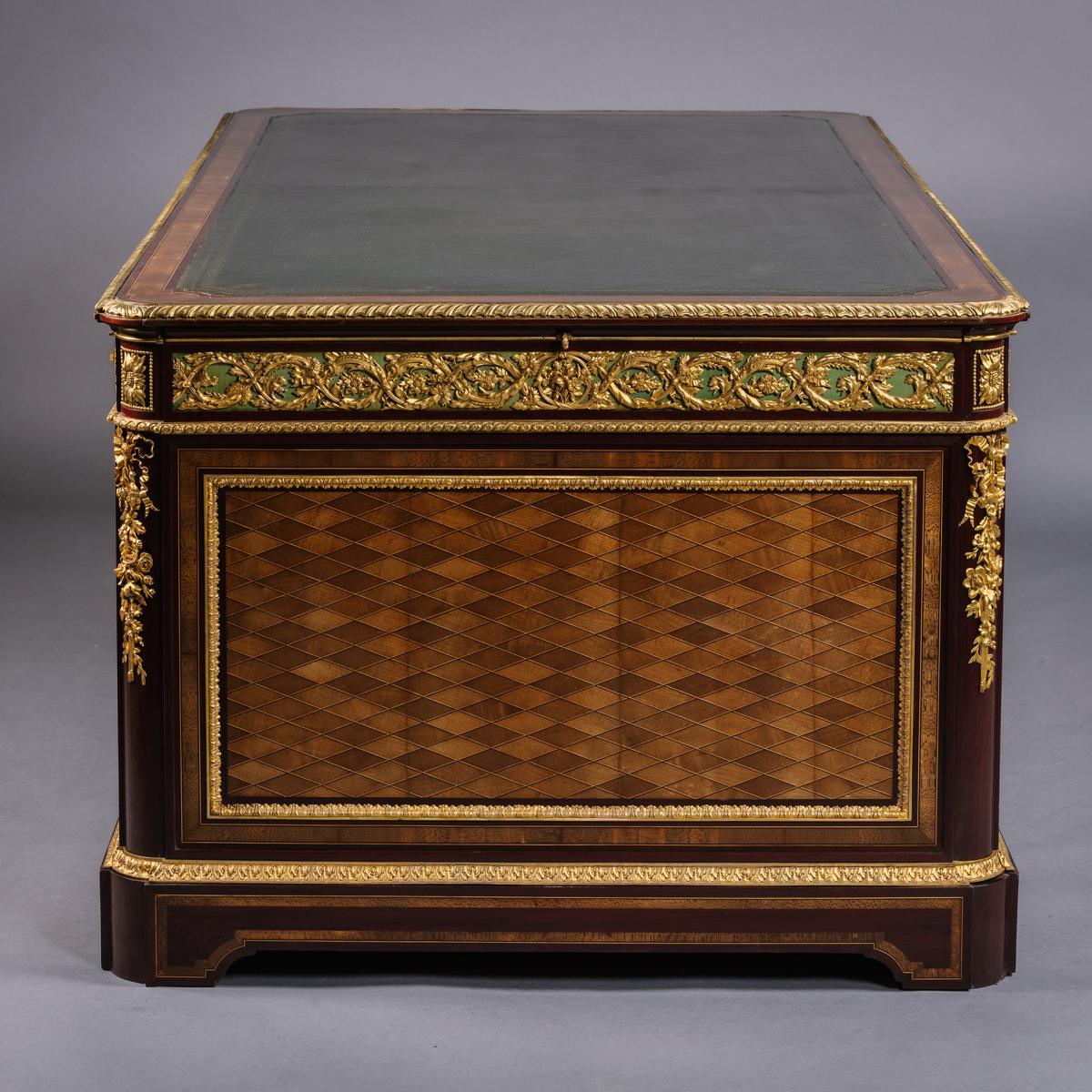 An Important Napoleon III Gilt-Bronze Mounted Parquetry Pedestal Desk, By Guillaume Grohé