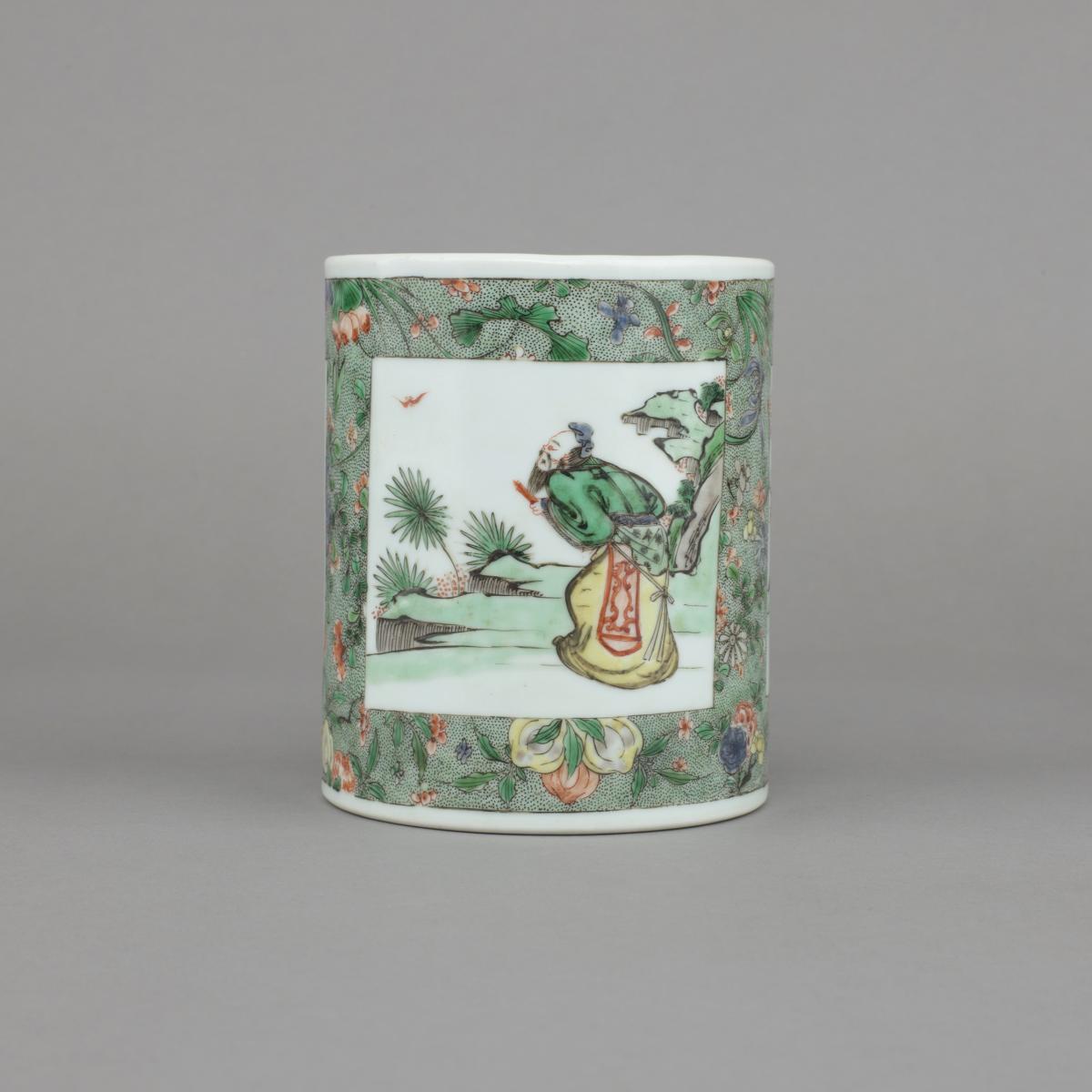 Chinese porcelain famille verte, wucai, brush pot, bitong, painted with three panels of star gods, Kangxi circa 1700