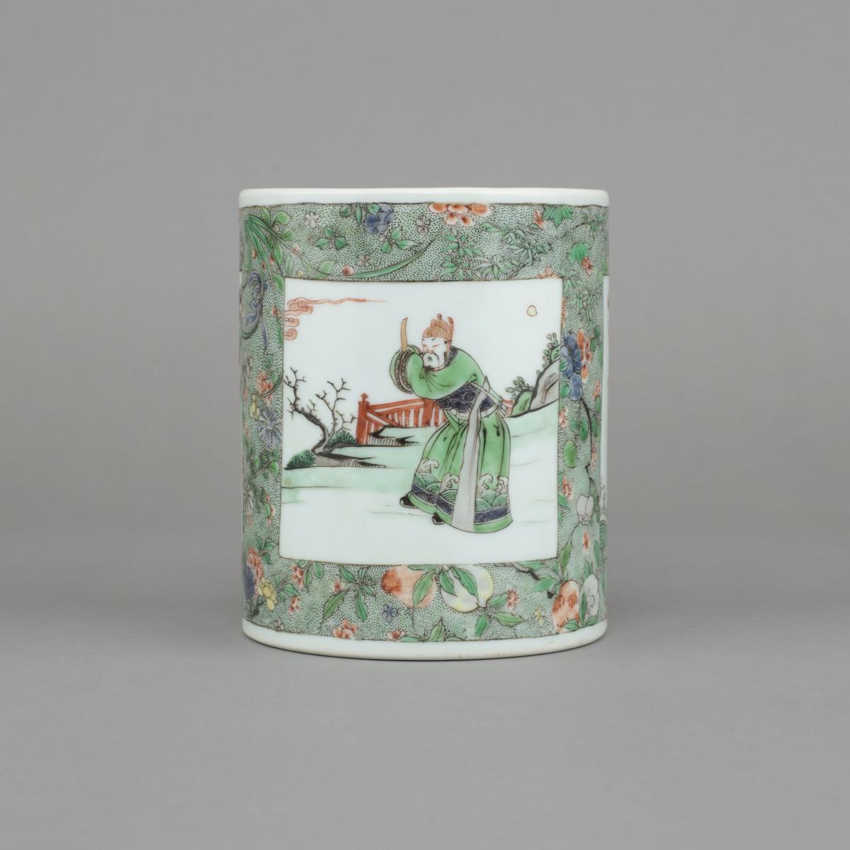 Chinese porcelain famille verte, wucai, brush pot, bitong, painted with three panels of star gods, Kangxi circa 1700