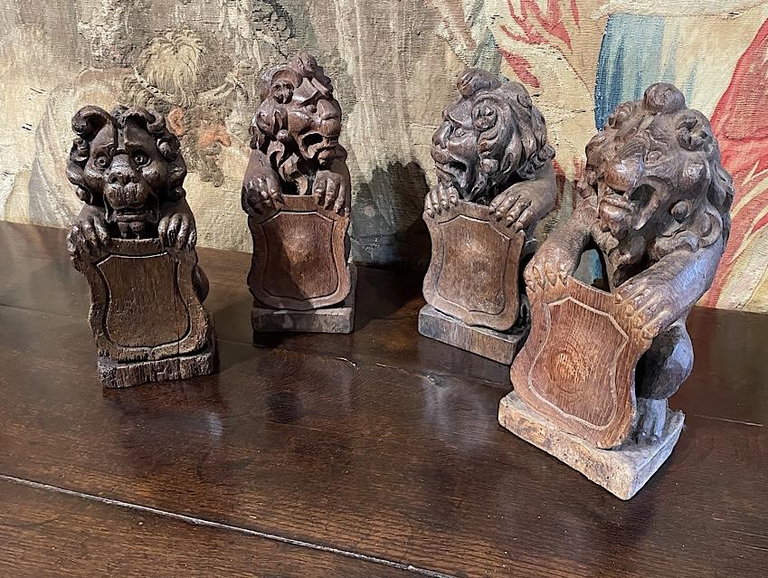 Set of Four Late 16th / Early 17th Century English Oak Lion Newel Post Finials