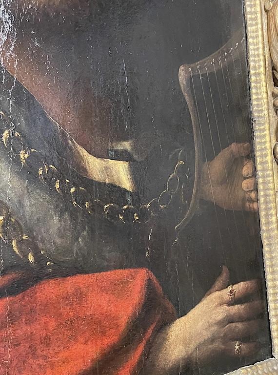 16th Century Venetian Oil on Board of David Playing The Harp For King Saul. Attributed To Zampieri (Domenico) 1581-1641