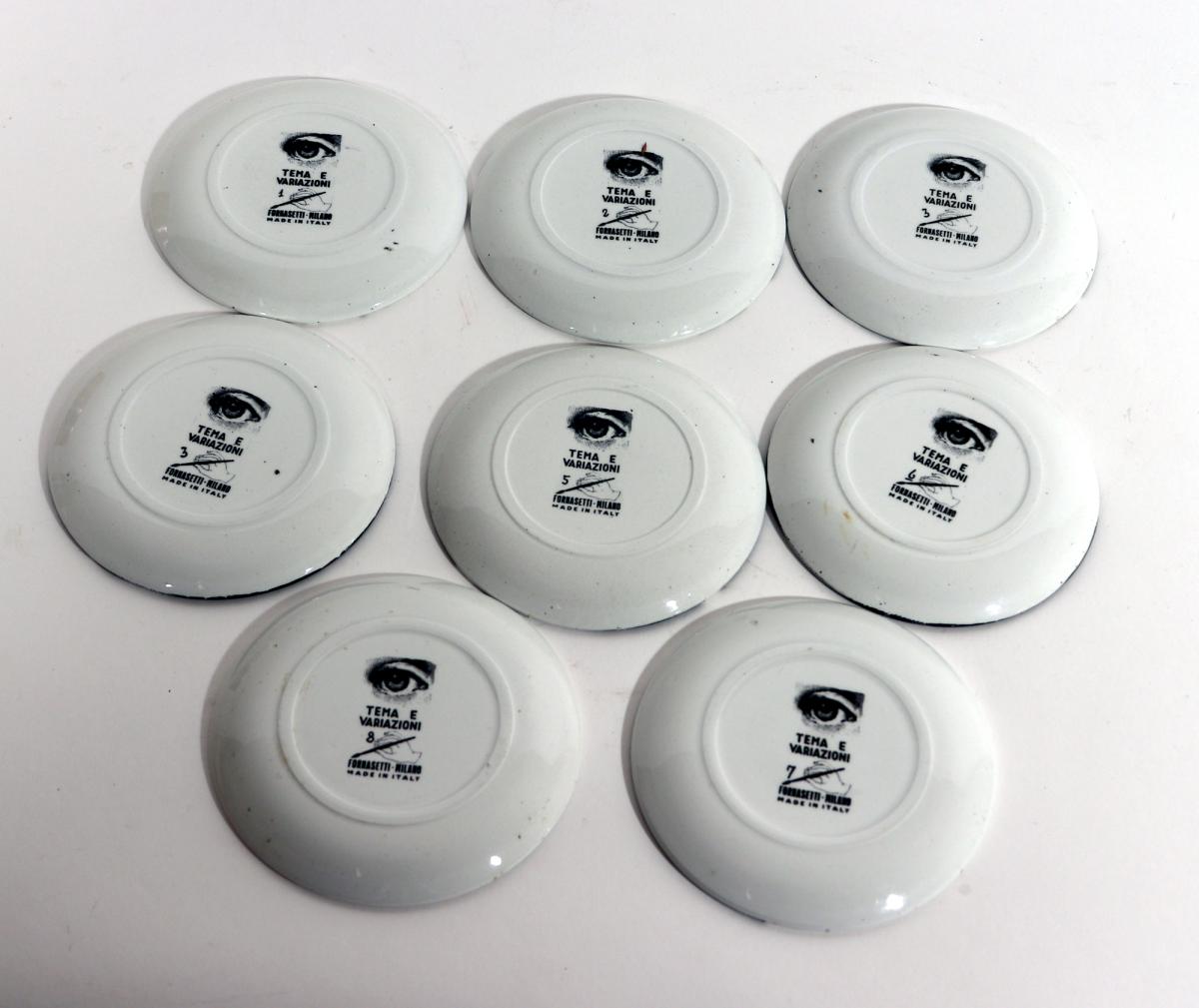 Early Set of Piero Fornasetti Eight Themes & Variations Coasters with Original Gold Box, "Tema E Variazioni", 1960s