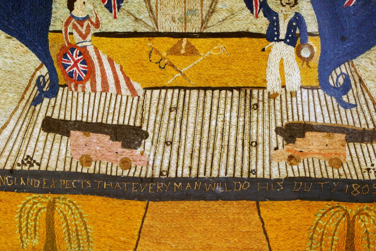 British Sailor's Woolwork or Woolie,  Memorial to Lord Nelson, "England expects every man to do his duty" 1805.