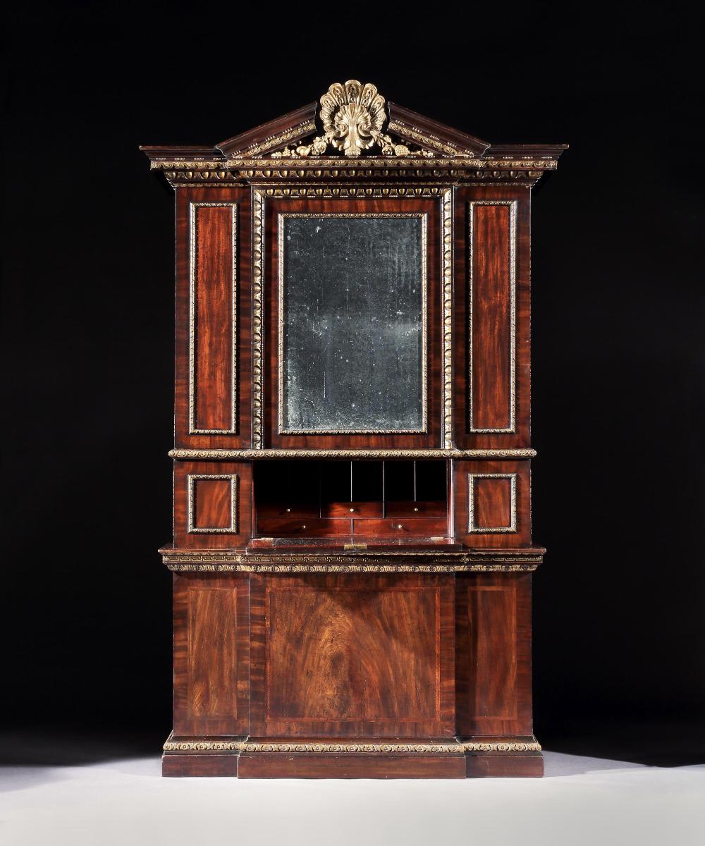 A George II Mahogany and Parcel Gilt Breakfront Secretaire Cabinet Attributed to William Hallett