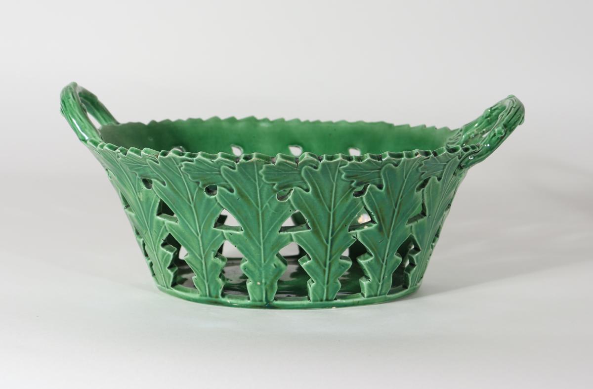 English Green Glaze Oak Leaf Pottery Baskets & Stands