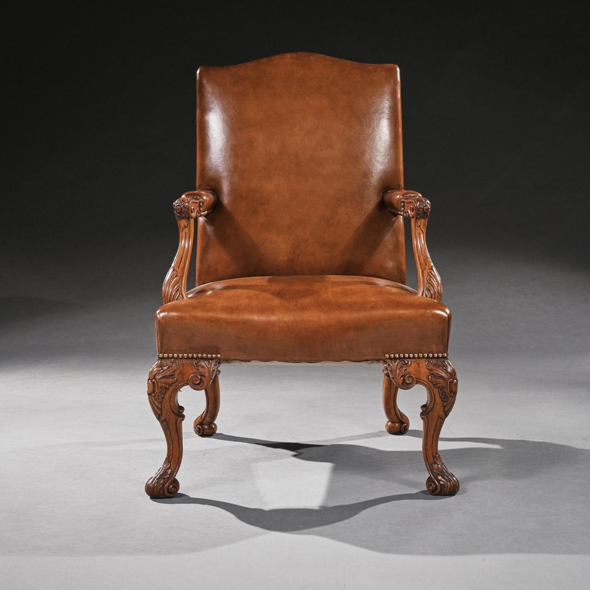 Early 20th Century Walnut Carved Leather Upholstery Armchair