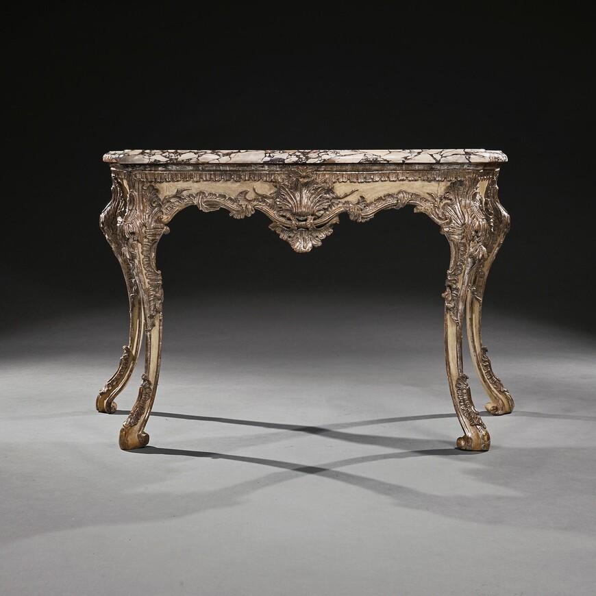 Mid 18th Century Italian, Naples, Silver Gilt And Painted Marble Top Console Table