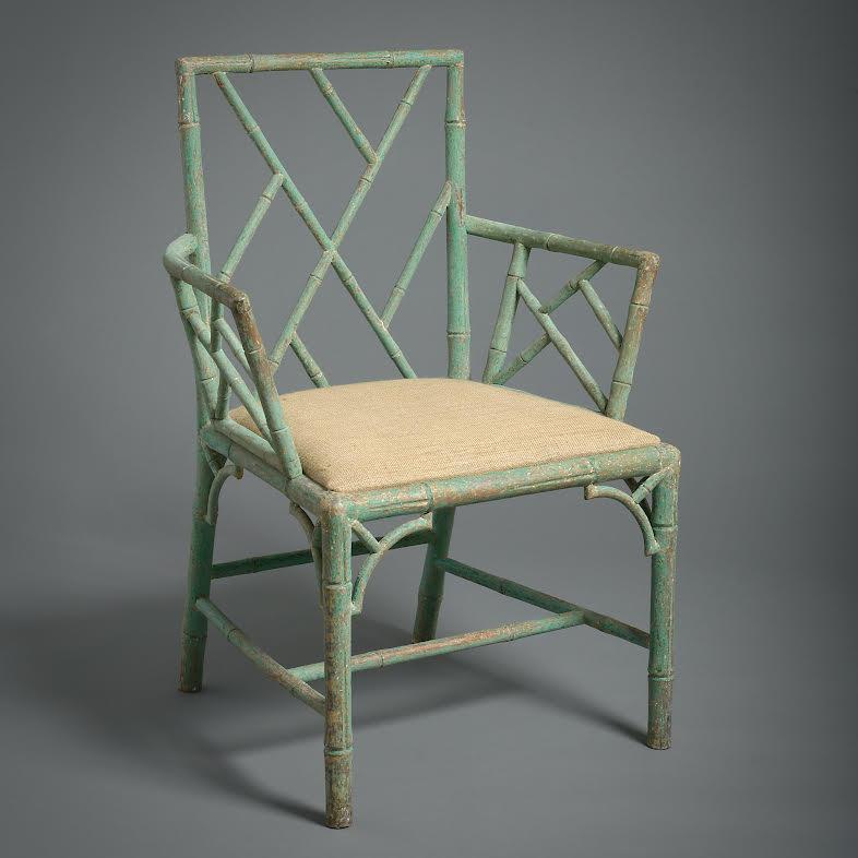 Green Painted Faux Bamboo Armchairs