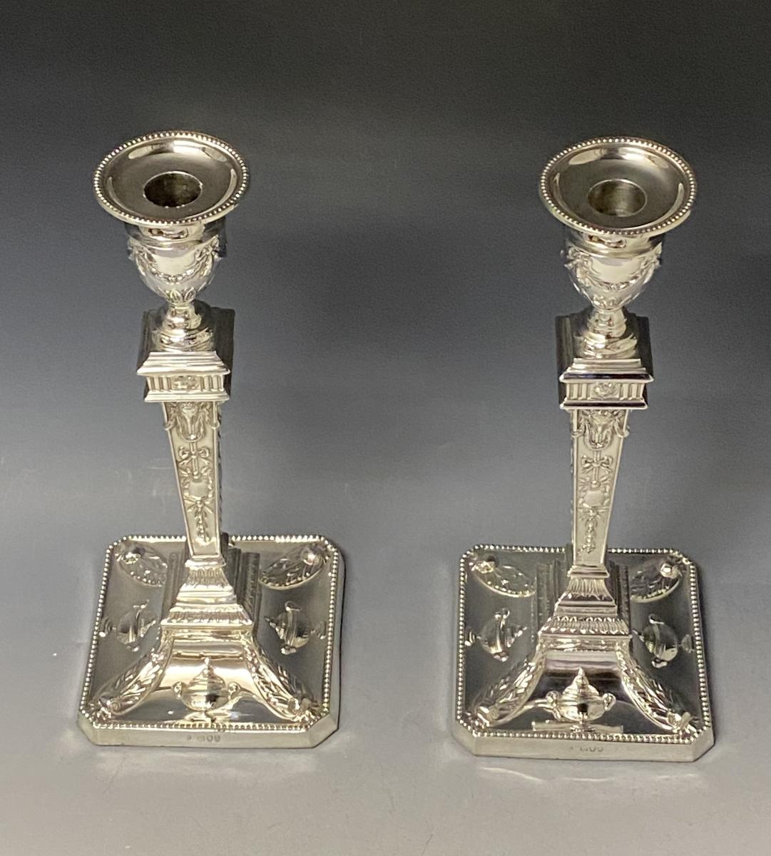 Adam style neoclassical silver candlesticks 1894 William Hutton of London 