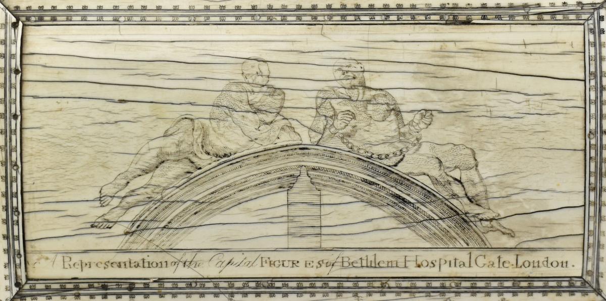 Representation of the Capital FIGURES of Bethlem Hospital Gate London. At the Kings Arms No. 16 Paternoster Row.  Alexander Hogg.1784.