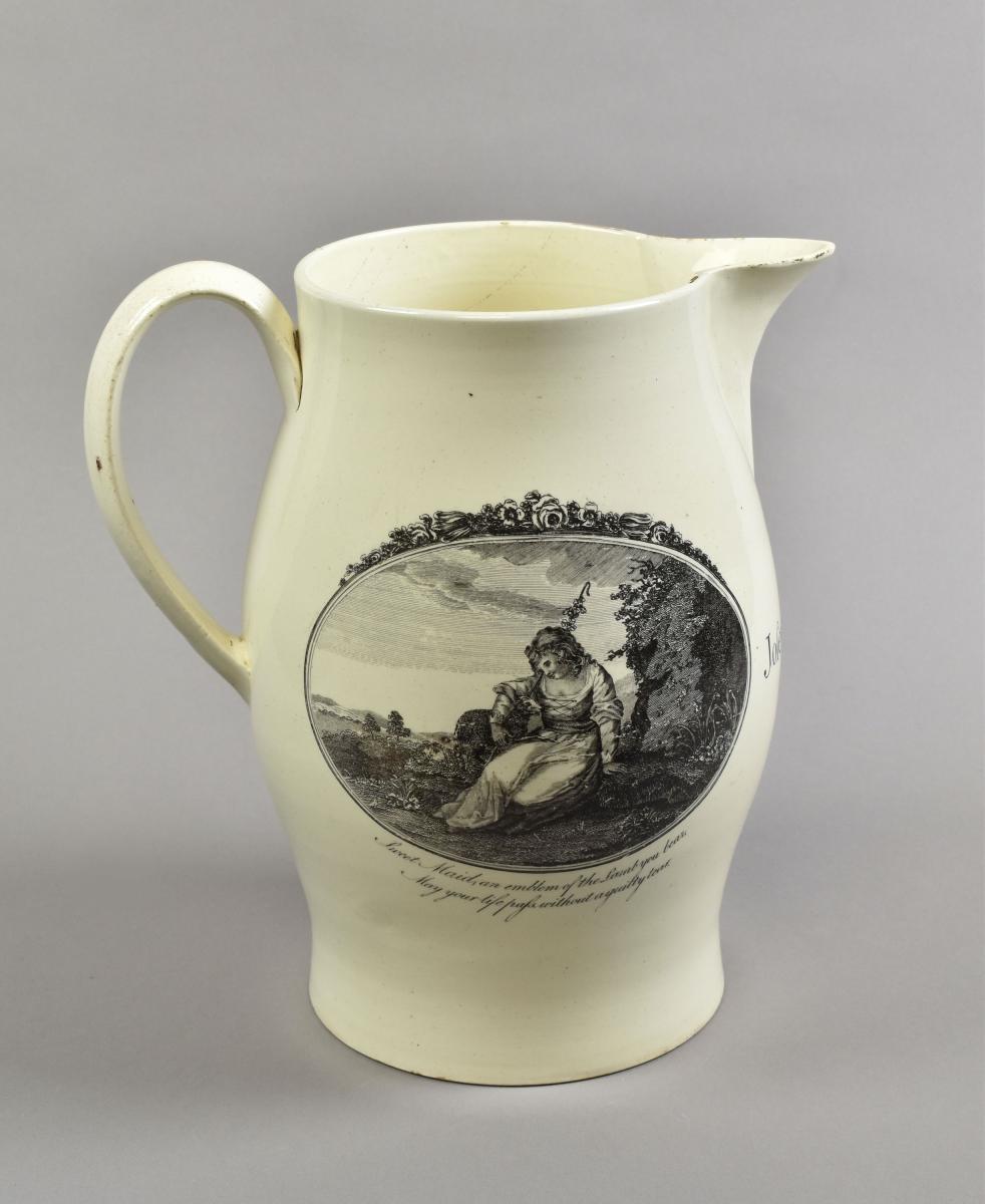 English creamware transfer printed jug inscribed and dated 1789