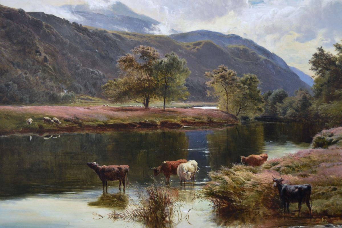 Mountainous Scottish river landscape oil painting by Sidney Richard Percy